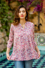 Block-printed cotton tunic, 'Dulcet Spring' - Block-Printed Floral Pink and Red Cotton Tunic from India