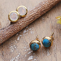 Gold-plated gemstone stud earrings, 'Palace Gems' (set of 2) - Set of 2 18k Gold-Plated Gemstone Round Stud Earrings