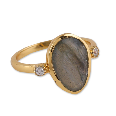 Gold-plated labradorite cocktail ring, 'Evening Light' - 18k Gold-Plated Pear-Shaped Labradorite Cocktail Ring