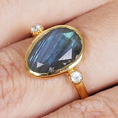 Gold-plated labradorite cocktail ring, 'Evening Light' - 18k Gold-Plated Pear-Shaped Labradorite Cocktail Ring