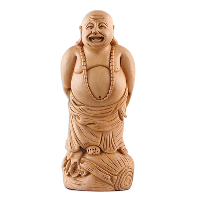 Wood sculpture, 'Buddha's Bliss' - Hand-Carved Polished Laughing Buddha Kadam Wood Sculpture