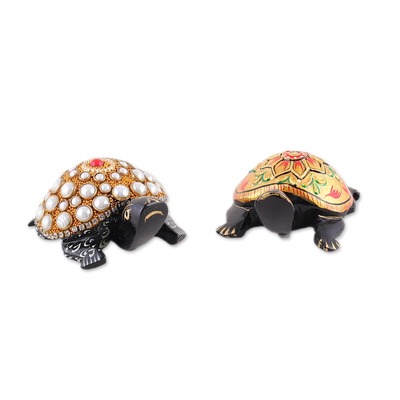 Wood magnets, 'Festive Turtles' (pair) - 2 Wood Turtle Magnets with Beaded and Hand-Painted Accents
