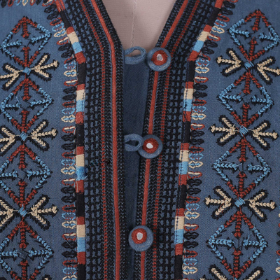 Bestickte Baumwolljacke - Blaue Baumwolljacke im Tunika-Stil mit geometrischer Stickerei
