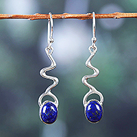 Lapis lazuli dangle earrings, 'Intellectual Dangle' - Modern Lapis Lazuli Dangle Earrings from India
