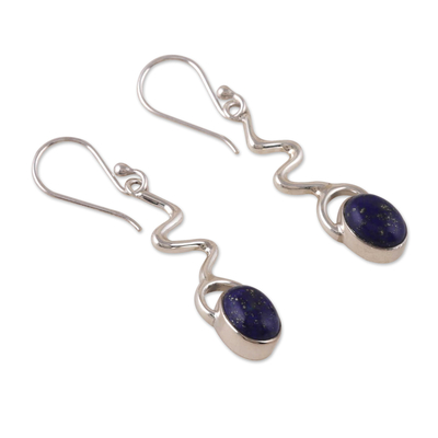 Lapis lazuli dangle earrings, 'Intellectual Dangle' - Modern Lapis Lazuli Dangle Earrings from India