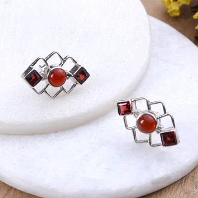 Garnet and carnelian button earrings, 'Romantic Harmony' - Geometric Garnet and Carnelian Button Earrings from India