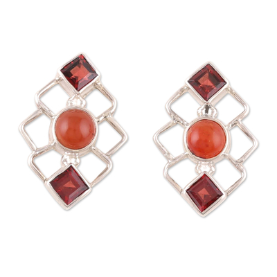 Garnet and carnelian button earrings, 'Romantic Harmony' - Geometric Garnet and Carnelian Button Earrings from India