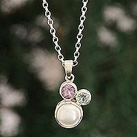 Multi-gemstone pendant necklace, 'Triple Splendor' - Pearl Amethyst & Blue Topaz Sterling Silver Pendant Necklace