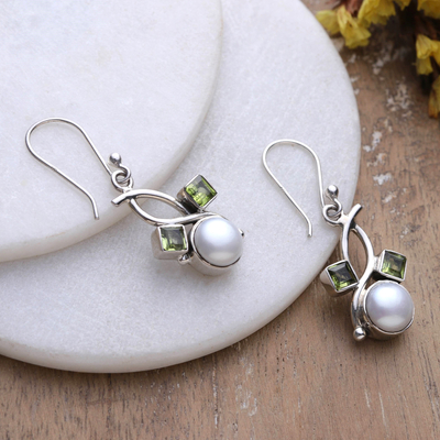 Cultured pearl and peridot dangle earrings, 'Pure & Lucky' - Floral-Inspired Cultured Pearl and Peridot Dangle Earrings