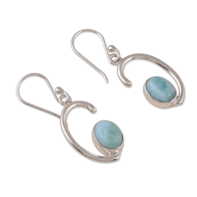 Larimar dangle earrings, 'Healing Moons' - Half-Moon Dangle Earrings with Natural Larimar Stones