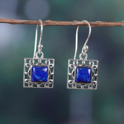 Lapis lazuli dangle earrings, 'Royal Window' - Geometric Lapis Lazuli Dangle Earrings from India
