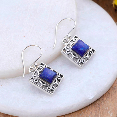 Lapis lazuli dangle earrings, 'Royal Window' - Geometric Lapis Lazuli Dangle Earrings from India