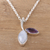 Rainbow moonstone and amethyst pendant necklace, 'Chic Leaf' - Leafy Rainbow Moonstone and Amethyst Pendant Necklace