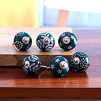 Decorative ceramic knobs, 'Teal Ideas' (set of 6) - Set of Six Handcrafted Whimsical Teal and Blue Ceramic Knobs