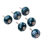 Decorative ceramic knobs, 'Teal Ideas' (set of 6) - Set of Six Handcrafted Whimsical Teal and Blue Ceramic Knobs