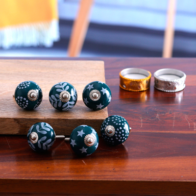 Decorative ceramic knobs, 'Teal Ideas' (set of 6) - Set of Six Handcrafted Whimsical Teal and Blue Ceramic Knobs