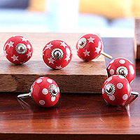 Decorative ceramic knobs, 'Red Galaxy' (set of 6) - Set of Six Handmade Star and Dot Patterned Red Ceramic Knobs