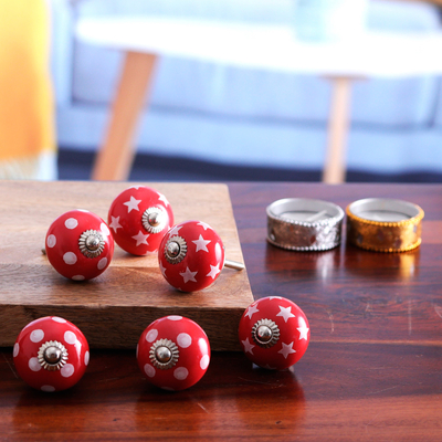 Decorative ceramic knobs, 'Red Galaxy' (set of 6) - Set of Six Handmade Star and Dot Patterned Red Ceramic Knobs