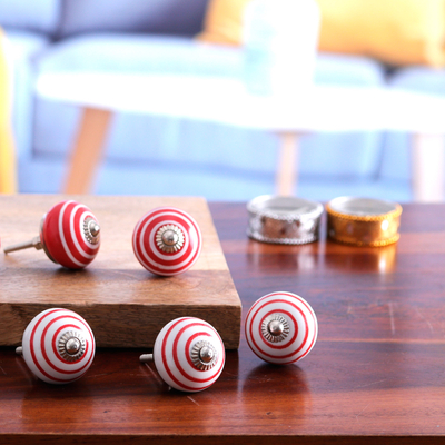 Decorative ceramic knobs, 'Red Essence' (set of 6) - Set of Six Handcrafted Striped Red and White Ceramic Knobs