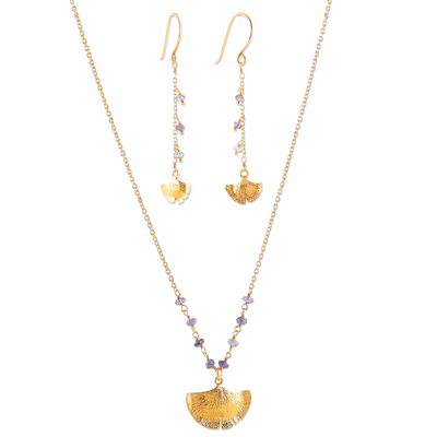 Gold-plated iolite jewellery set, 'Golden Ginkgo' - 22k Gold-Plated Iolite Leafy jewellery Set from India