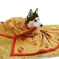 Cotton pet blanket, 'Strawberry Nap' - Dog-Themed Print Cotton Pet Blanket in Honey and Strawberry