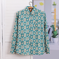 Herrenhemd aus Ikat-Baumwolle, „Teal Ikat“ – Herrenhemd aus blaugrüner Baumwolle mit Ikat-Aufdruck und Kragen aus Indien