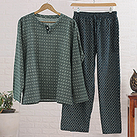 Herren-Pyjama-Set aus Baumwolle, „Green Nights“ – Herren-Pyjama-Set aus Baumwolle mit Gittermuster in Grüntönen