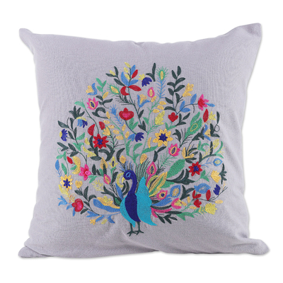 Embroidered cotton cushion covers, 'Divine Peacock in Grey' (pair) - Rayon Embroidered Peacock Grey Cotton Cushion Covers (Pair)