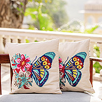 Embroidered cotton cushion covers, 'Butterfly Universe in Beige' (pair) - Embroidered Beige Butterfly Cotton Cushion Covers (Pair)