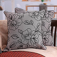 Embroidered cotton cushion covers, 'Primaveral Evening' (pair) - Floral Grey and Black Cotton Cushion Covers (Pair)