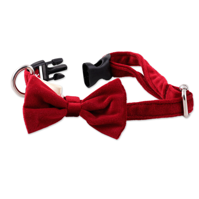 Pet collar, 'Royal Elegance in Cherry' - Faux Velvet Adjustable Pet Collar with Bow Tie in Cherry