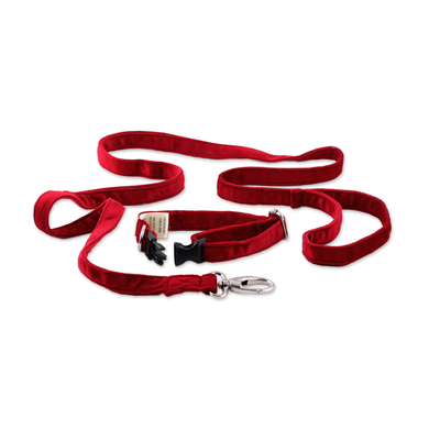 Pet collar and leash set, 'Adorable Fusion in Cherry' - Faux Velvet Adjustable Pet Collar and Leash Set in Cherry