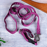 Conjunto de collar y correa para mascotas, 'Adorable Fusion in Plum' - Conjunto de collar y correa ajustables para mascotas de terciopelo sintético en ciruela