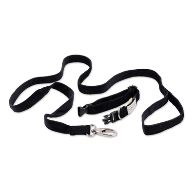 Pet collar and leash set, 'Adorable Fusion in Onyx' - Faux Velvet Adjustable Pet Collar and Leash Set in Onyx