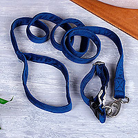 Pet collar and leash set, 'Adorable Fusion in Azure' - Faux Velvet Adjustable Pet Collar and Leash Set in Azure