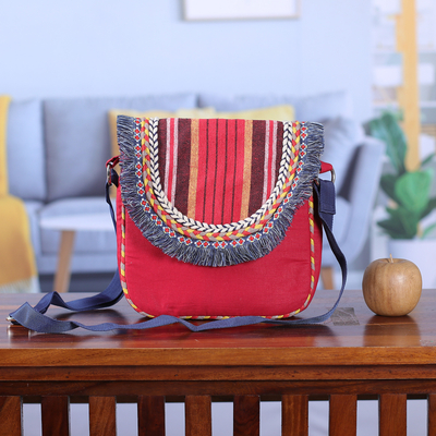 Cotton sling, 'Crimson Expression' - Adjustable Striped Crimson Cotton Sling Bag with Fringes