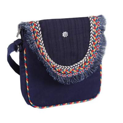 Cotton sling, 'Navy Expression' - Adjustable Braid-Accented Navy Cotton Sling Bag with Fringes