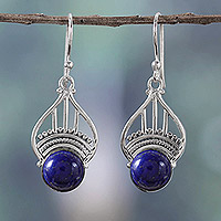 Lapis lazuli dangle earrings, 'Royal Tiara' - Polished Tiara-Inspired Lapis Lazuli Dangle Earrings