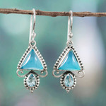 Chalcedony and blue topaz dangle earrings, 'Blue Convergence' - 1-Carat Chalcedony and Blue Topaz Dangle Earrings from India