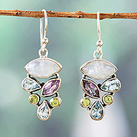 Multi-gemstone dangle earrings, 'Stylish Glam' - Multi-Gemstone Sterling Silver Dangle Earrings from India