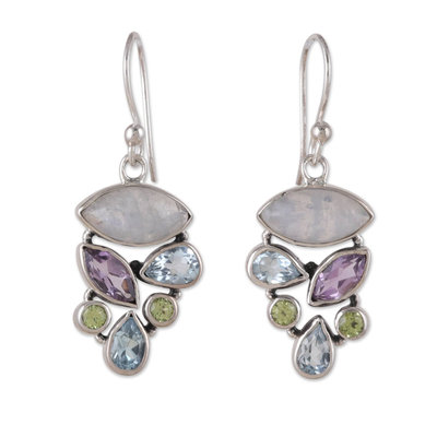 Multi-gemstone dangle earrings, 'Stylish Glam' - Multi-Gemstone Sterling Silver Dangle Earrings from India