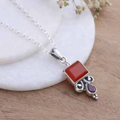 Carnelian and garnet pendant necklace, 'Red Vibrancy' - 925 Silver Pendant Necklace with Carnelian and Garnet Stones