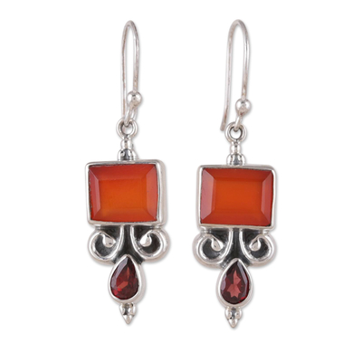 Carnelian and garnet dangle earrings, 'Red Vibrancy' - Sterling Silver Dangle Earrings with Carnelian Garnet Stones