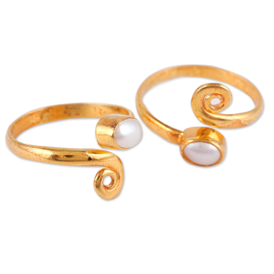 Gold-plated cultured pearl wrap toe rings, 'Paradise Flair' (pair) - 22k Gold-Plated Spiral Toe Rings with Cream Pearls (Pair)