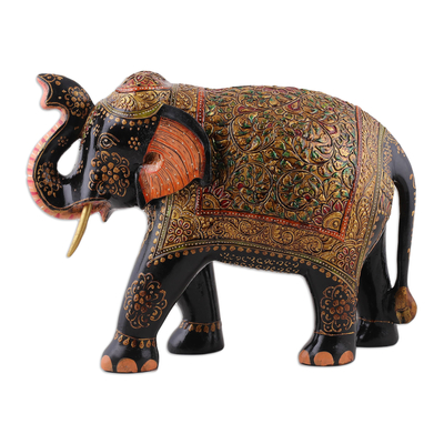 Escultura en madera pintada a mano - Escultura de madera de neem de elefante frondoso y floral pintada a mano