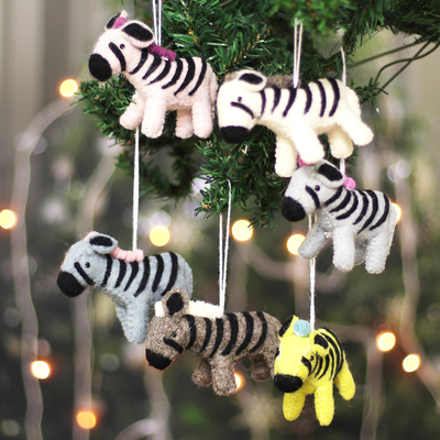 Wool ornaments, 'Zebra Realm' (set of 6) - Set of Six colourful Wool and Cotton Zebra Ornaments