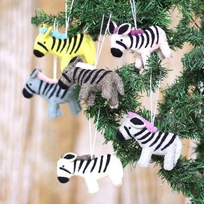 Wool ornaments, 'Zebra Realm' (set of 6) - Set of Six Colorful Wool and Cotton Zebra Ornaments