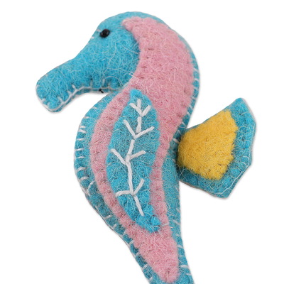 Wool ornaments, 'Oneiric Seahorses' (set of 6) - Set of 6 Handcrafted Embroidered Wool Seahorse Ornaments