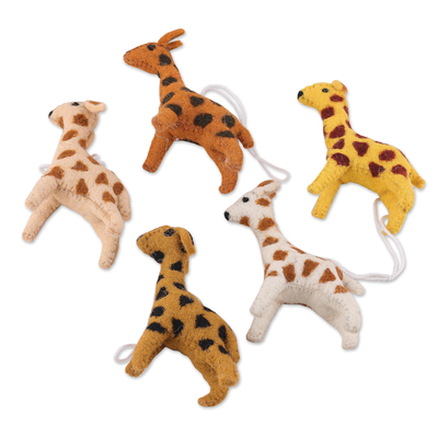 Wool ornaments, 'Giraffe Realm' (set of 5) - Set of Five Warm-Toned Wool and Cotton Giraffe Ornaments