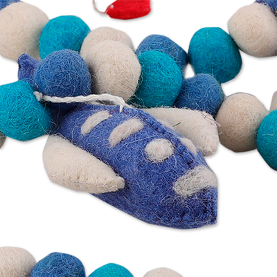 Wool felt garland, 'Sky Celebration' - Cloud-Themed Blue and White Wool Felt Garland from India